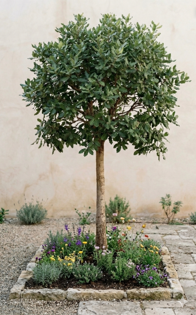 Chêne taillé sur tige en pot avec fleurs au pied, idéal pour l'ornement d'un jardin ou d'une terrasse.
